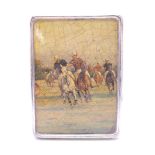 A silver cigarette case depicting a polo match, cased. 11.5 x 8.5 cm.