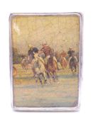 A silver cigarette case depicting a polo match, cased. 11.5 x 8.5 cm.