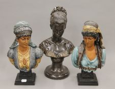 A pair of French polychrome patinated art metal head and shoulder busts of Neapolitan ladies,