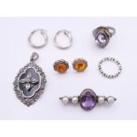 A collection of silver jewellery, including Pandora. Pendant 4 cm high.