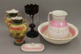A quantity of Victorian items, including a ruby table lustre with cut glass droplets,
