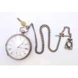 A Waltham silver pocket watch and chain. Watch 5.5 cm diameter, chain 33 cm long.
