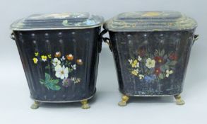 Two 19th century toleware coal bins. The largest approximately 43 cm high.