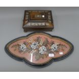 An early Victorian mother-of-pearl inlaid rosewood workbox and a Victorian beadwork stand.