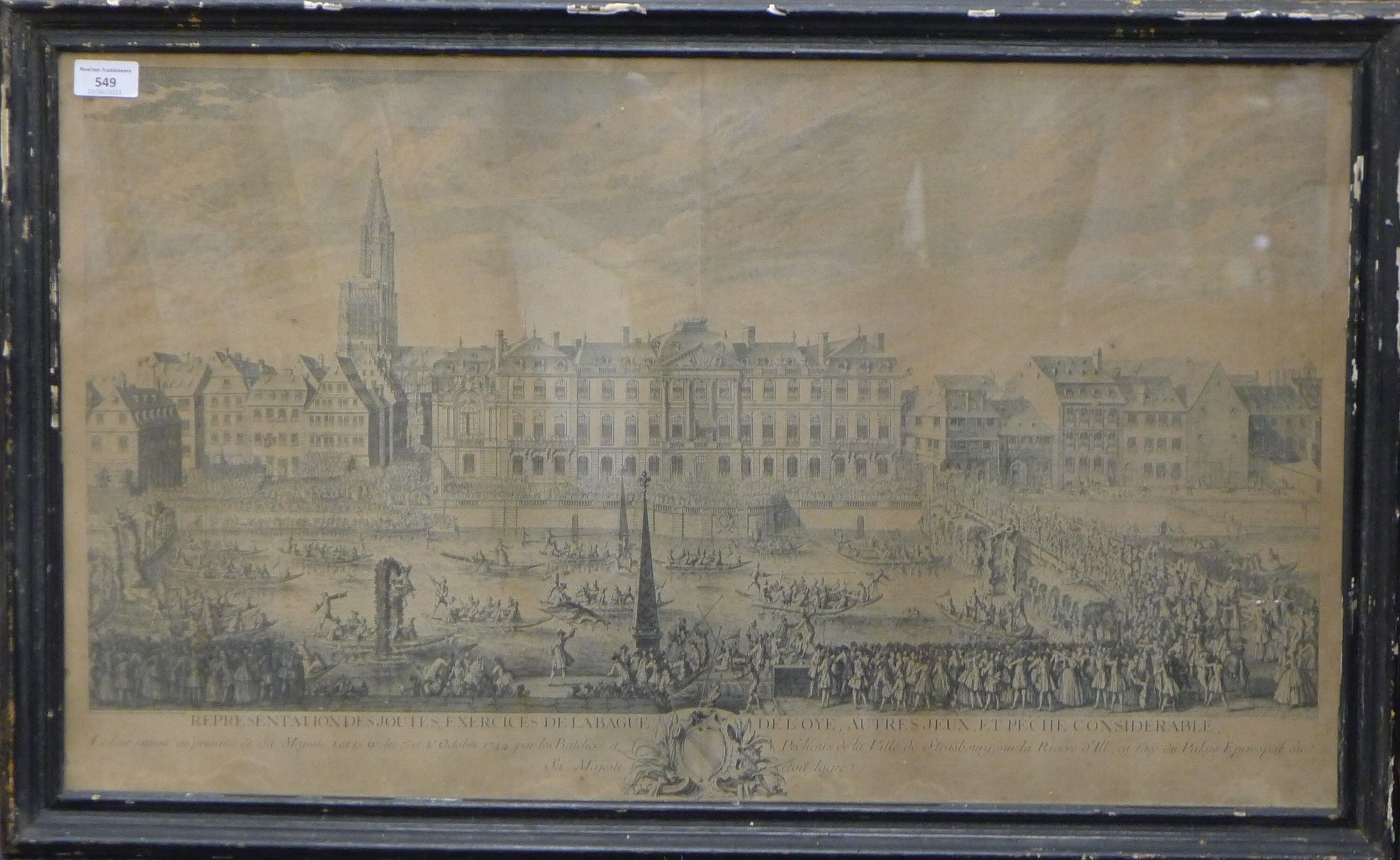 An 18th century print depicting the Strasbourg Barge Race 1744, framed and glazed. - Image 2 of 3