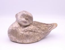 A filled silver model of a duck. 13.5 cm long.
