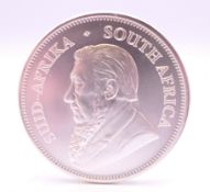 A 2021 1 ounce fine silver Krugerrand coin.