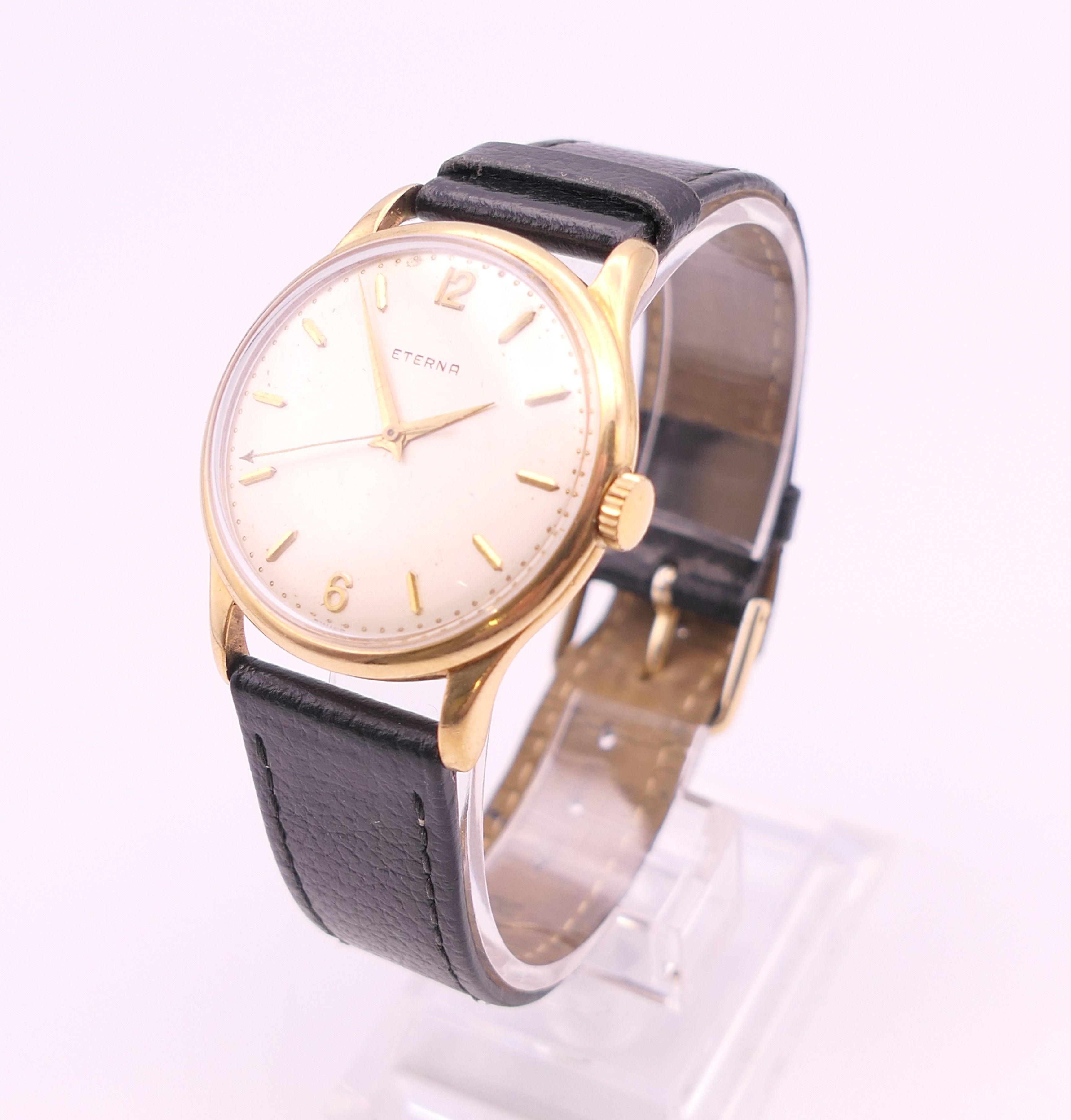 A 9 ct gold cased Eterna wristwatch inscribed to back WHL Dec 1961. 3.5 cm wide. - Image 7 of 7