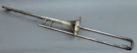 A silver plated trombone.