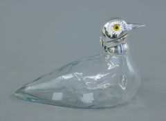 A silver plated duck form claret jug. 22 cm long.