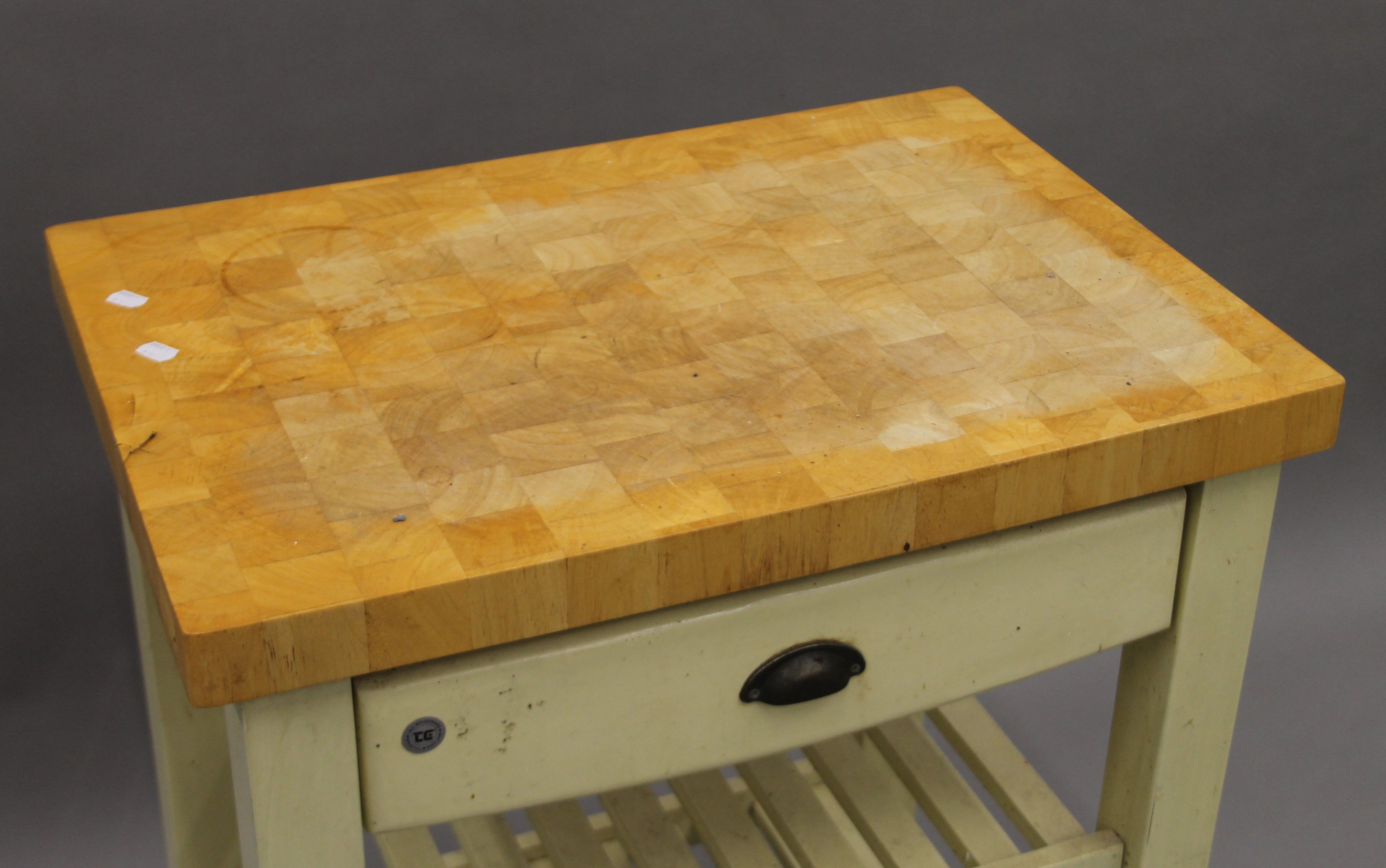 A T & G Woodware of Bristol kitchen butcher's block on wheels. 71 x 50 cm. - Image 2 of 4