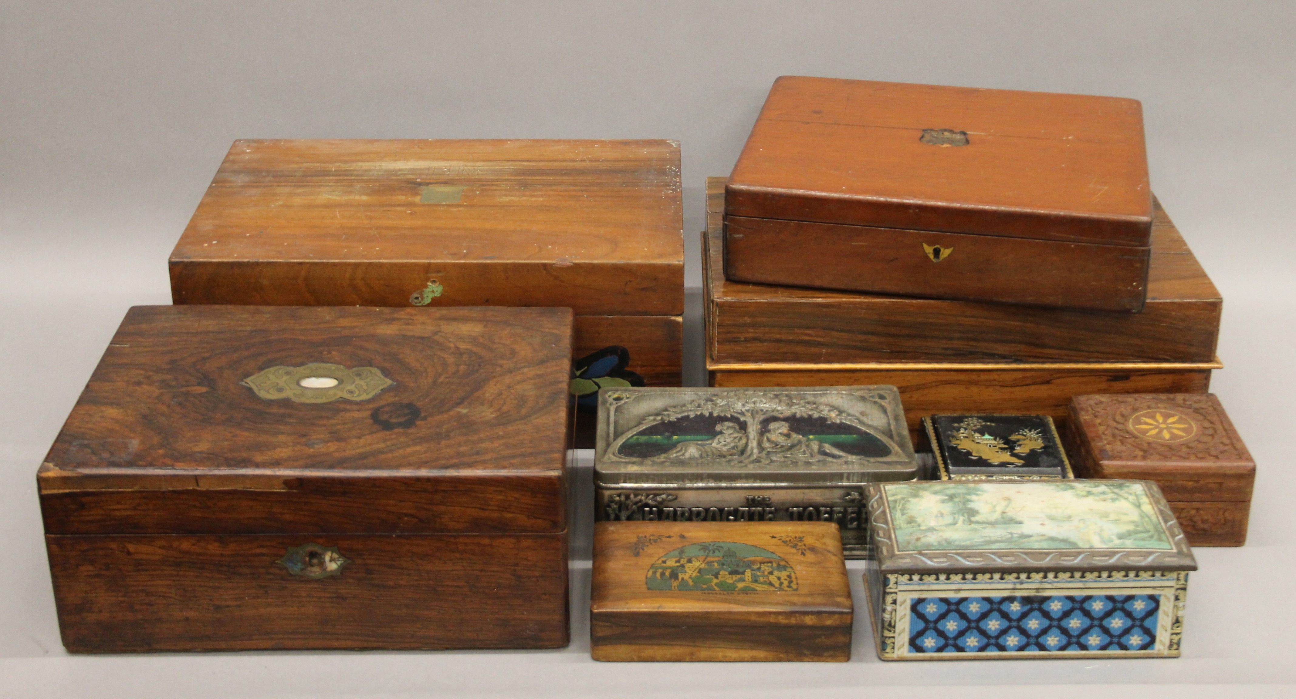 A quantity of various vintage wooden boxes, tins, etc.
