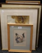 A quantity of various pictures and prints, including a pastel portrait of a Yorkshire Terrier .