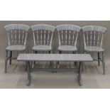 A set of four grey painted kitchen chairs and a grey painted stool.