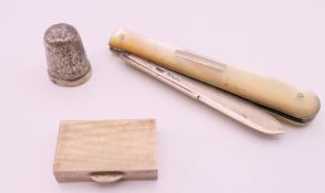 A silver pen knife, a silver thimble and a small silver box. Penknife 8.25 cm long closed, box 3.