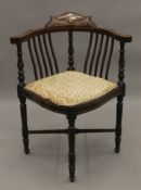 An Edwardian marquetry and line inlaid mahogany corner chair.