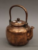 A Japanese copper teapot decorated with a mountainous scene and calligraphy. 27 cm long.