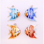 Four silver enamel fish pendants. Each 2.5 cm high.