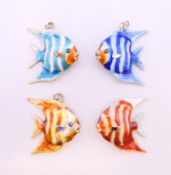 Four silver enamel fish pendants. Each 2.5 cm high.