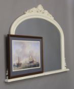 A modern white framed mirror and a print of Ships. The former 120 cm wide.