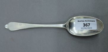 A Queen Anne silver dog nose rattail dessert spoon, makers mark of I Davenport?, London 1713.