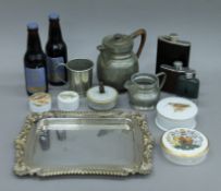 A quantity of miscellaneous, including a plated cheese board, hip flask, etc.