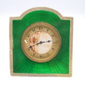 A silver and green enamel strut clock. 10 x 9 cm.