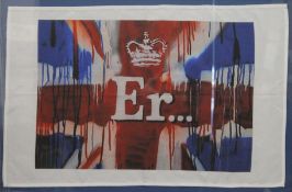 BANKSY (born 1974) British (AR), Er........Queen's Jubilee Tea Towel, framed and glazed.