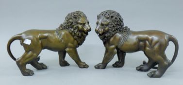 A pair of bronze lions. 32 cm long.