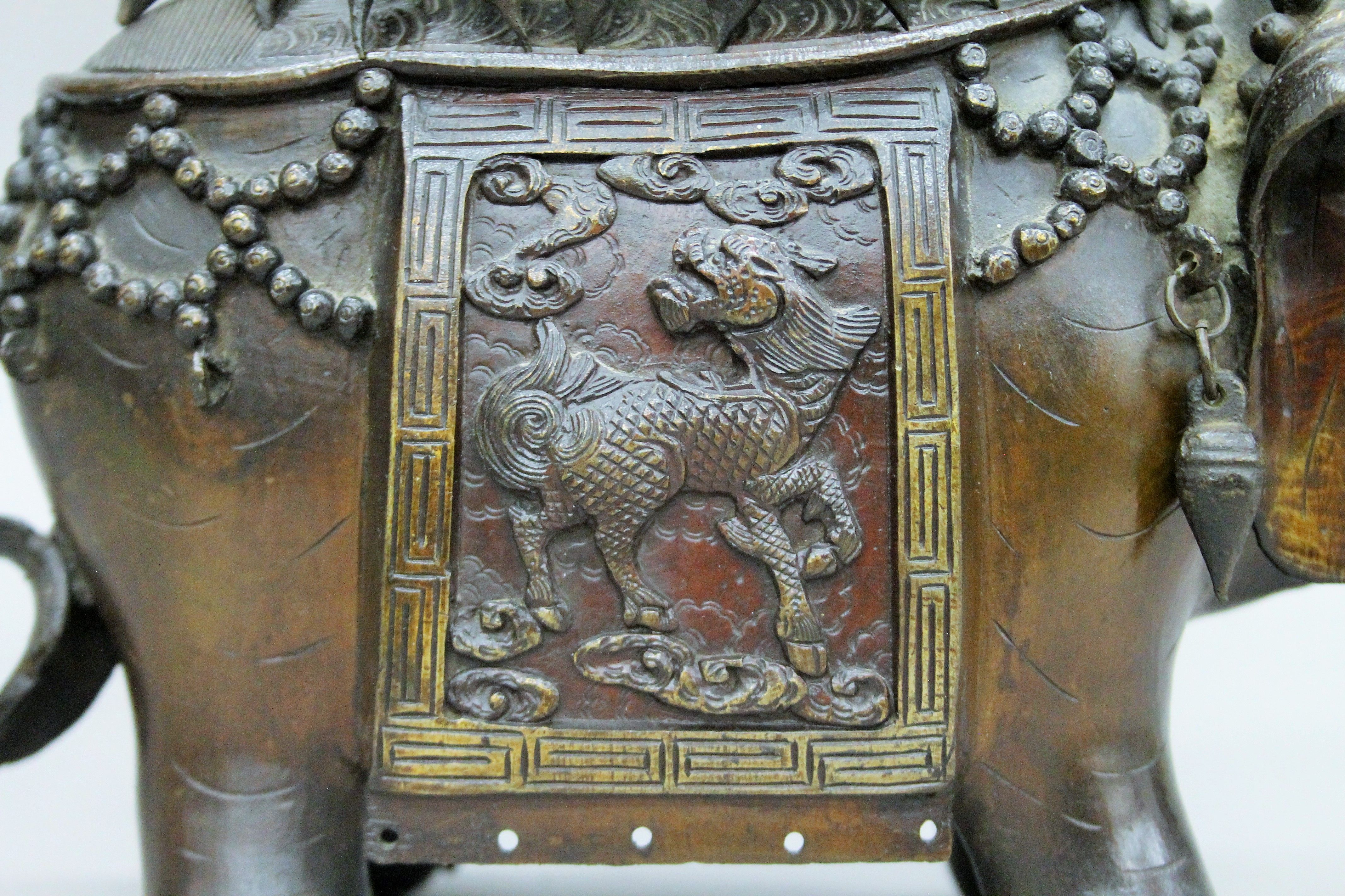 A Chinese bronze censer formed as an elephant with a pagoda on its back. 38 cm high. - Image 4 of 7