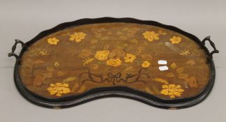 An Edwardian marquetry inlaid mahogany tray. 58.5 cm long.