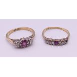 Two 18 ct gold and platinum diamond and ruby rings. 4.5 grammes total weight.