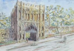 ENID MARSH, Abbey Gate Bury St Edmunds, print, framed and glazed. 24 x 16.5 cm.