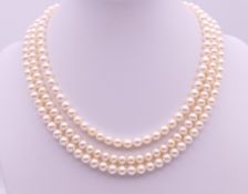 A cultured pearl three strand necklace with a 9 ct gold clasp. Approximately 34 cm long.