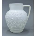 A later copy of a Minton salt glazed jug, decorated in raised coursing and shooting scenes,