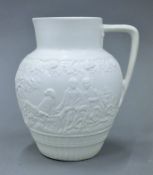 A later copy of a Minton salt glazed jug, decorated in raised coursing and shooting scenes,