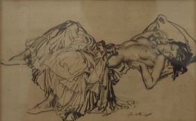 A print of a WILLIAM RUSSELL FLINT pencil sketch of a Semi Clothed Lady, framed and glazed. 23.