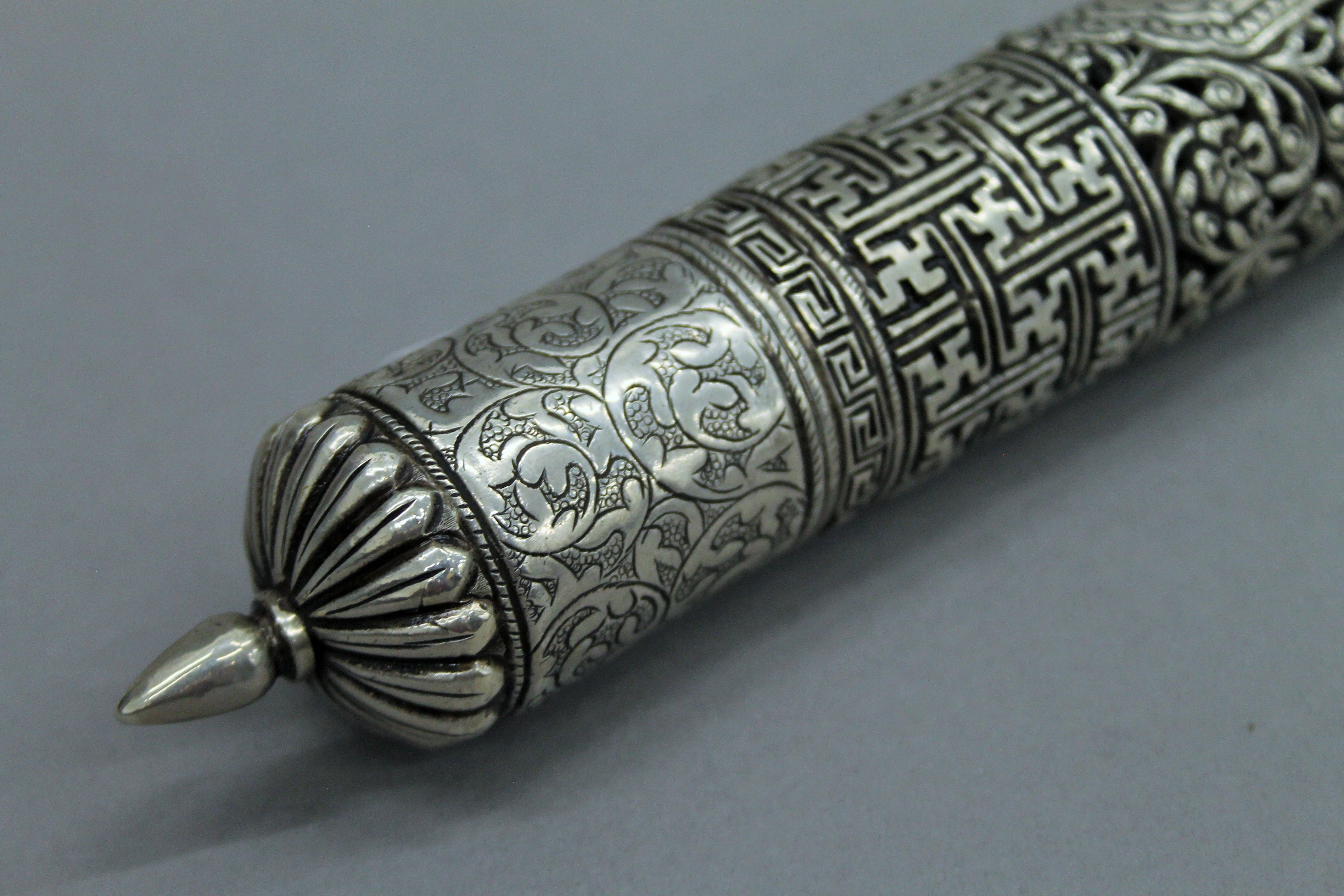 A Tibetan 800 silver prayer scroll holder. 30 cm long. - Image 3 of 4