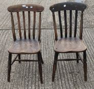Two Victorian elm seated splat back kitchen chairs and another.