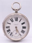 A Cohen Brothers of Leeds silver cased Goliath open face pocket watch. 6 cm diameter.