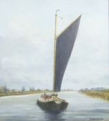 EDME VAWSEN (Dutch), Sailing Barge on a River, oil on board, framed. 47 x 51.5 cm.