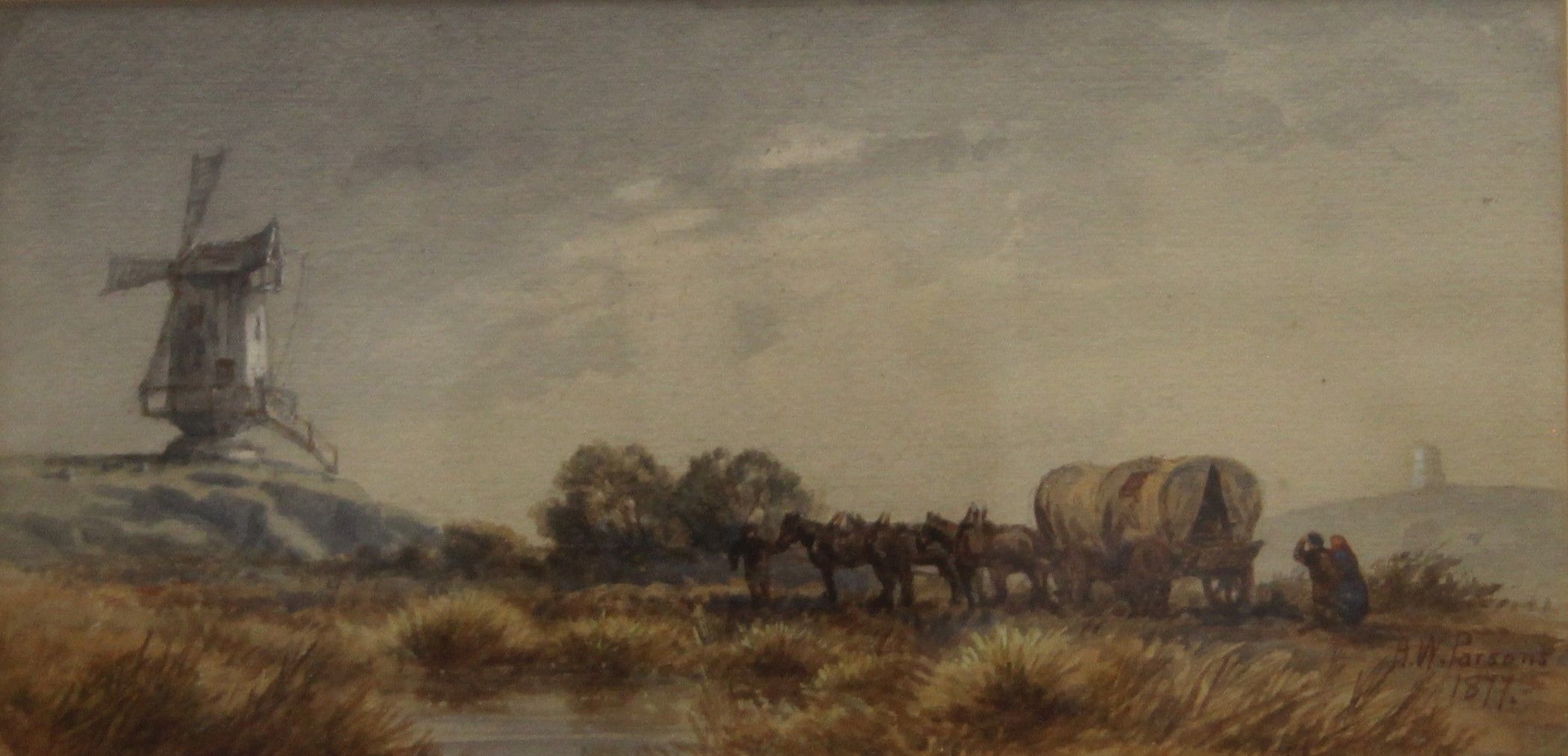 A W PARSONS, Covered Wagon, watercolour, signed and dated 1877, framed and glazed. 28.5 x 14 cm.