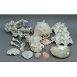 Six large shells, two pieces of coral and two spoons formed from shells.