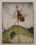 Dancing Shepherdess with Butterflies, hand coloured etching in 1930's style,