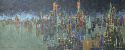 A large City Scape, oil on board, signed J NEIGHBOUR, framed. 120 x 50 cm.