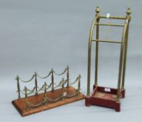 A Victorian brass and iron stick stand, and a bottle rack. The former 22 cm wide.
