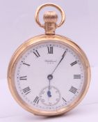 A 9 ct gold Waltham Traveller pocket watch. 97.1 grammes total weight.