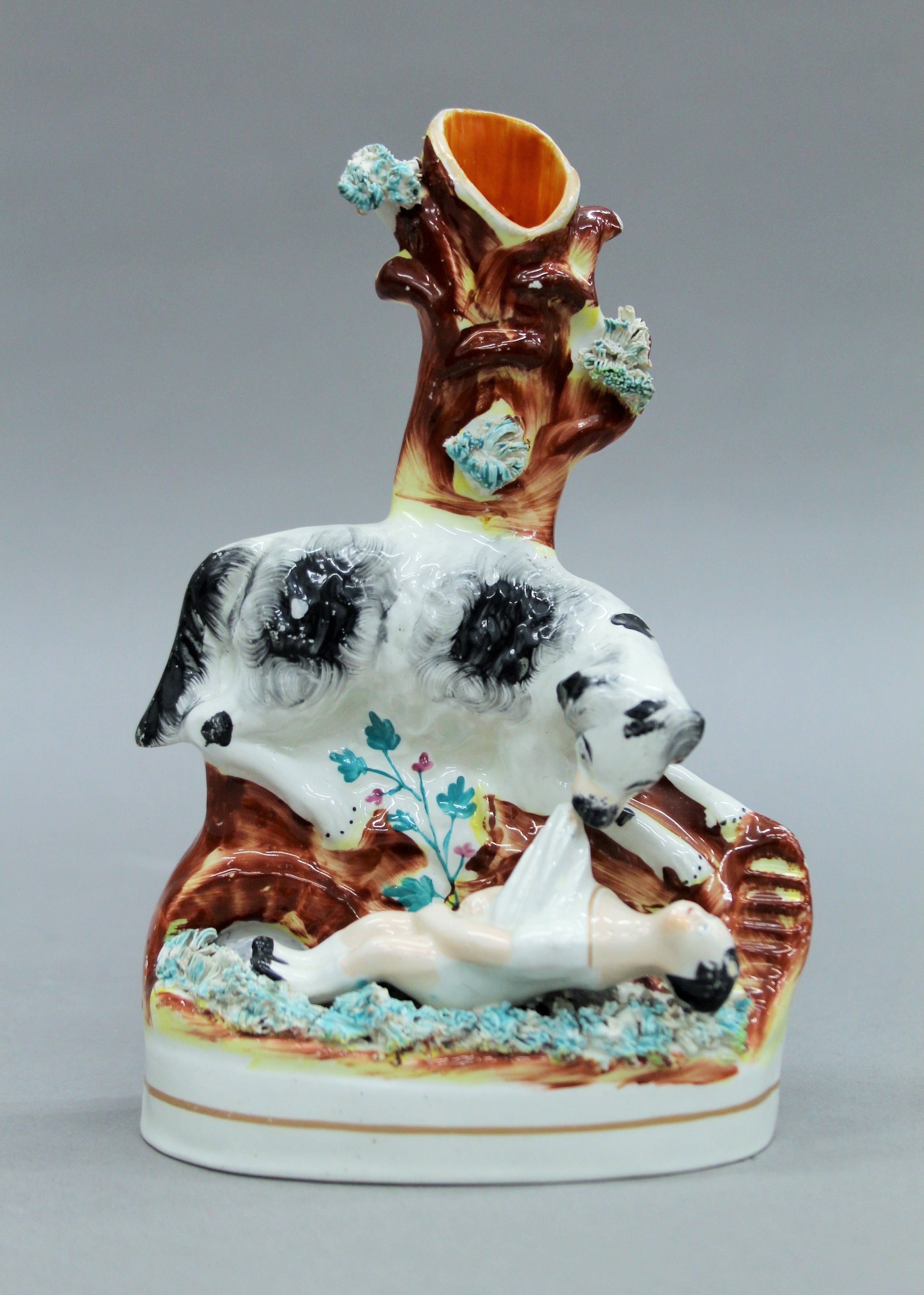 Two 19th century Staffordshire pottery spill vases formed as The Dog that Saved the Downing Girl. - Image 2 of 5