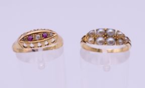 Two 18 ct gold rings, one set with seed pearls and the other diamonds and rubies.