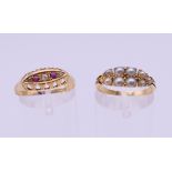 Two 18 ct gold rings, one set with seed pearls and the other diamonds and rubies.